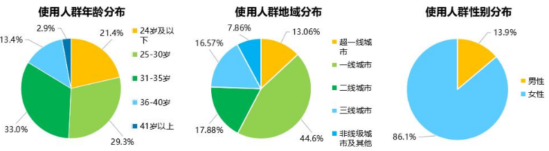 小红书使用人群以一线城市、31-35岁、女性群体为主