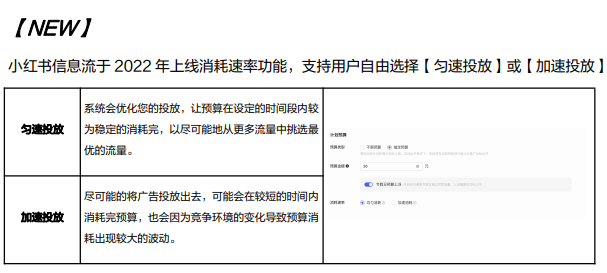 小红书信息流于 2022 年上线消耗速率功能，支持用户自由选择【匀速投放】或【加速投放】