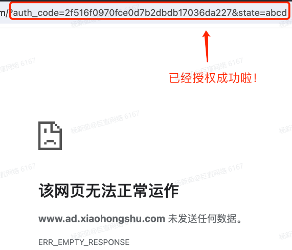 页面自动跳转至带有”auth_code“的链接，授权成功